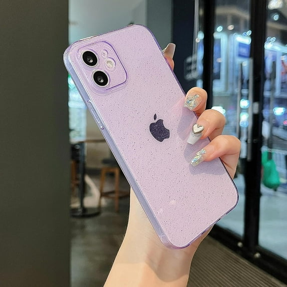 Clear Glitter Case for iPhone 12,Cute Sparkly Shiny Bling Case for Women Girls,Sparkle Transparent Soft Slim TPU Shockproof Protective Bumper Cover for iPhone 12 6.1 inch-Glitter Purple