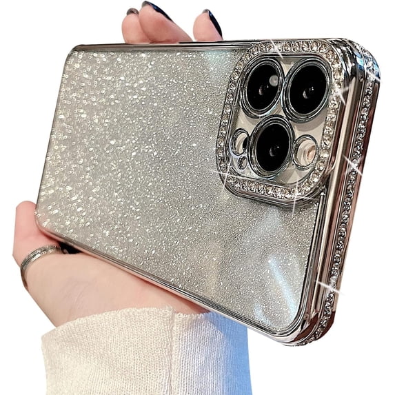 Clear Glitter Case for iPhone 12 Pro Max Case,Luxury Cute Flexible Sparkly Rhinestone Case with Bling Crystal Shockproof Camera Lens Protector Design for Women Girls-Silver