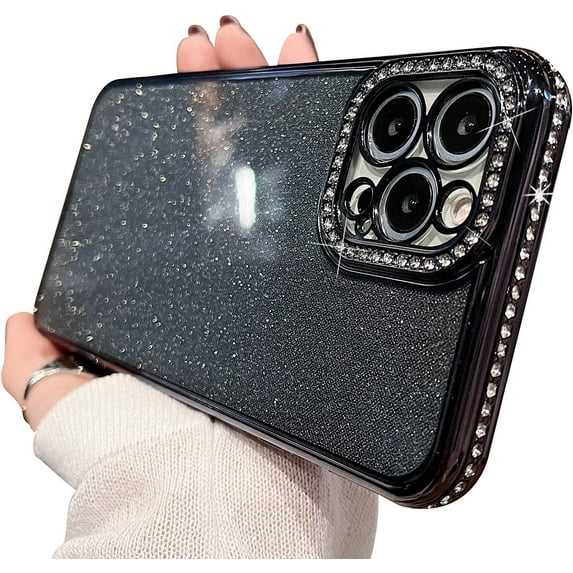 Clear Glitter Case for iPhone 13 Pro Max Case,Luxury Cute Flexible Sparkly Rhinestone Case with Bling Crystal Shockproof Camera Lens Protector Design for Women Girls-Black