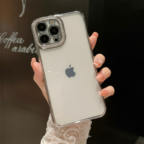 Clear Glitter Case for iPhone 14, Cute Luxury Bling Sparkly Diamond Rhinestones with Camera Protector Soft TPU Plating Bumper Slim Transparent Women Girls Case for iPhone 14,Silver