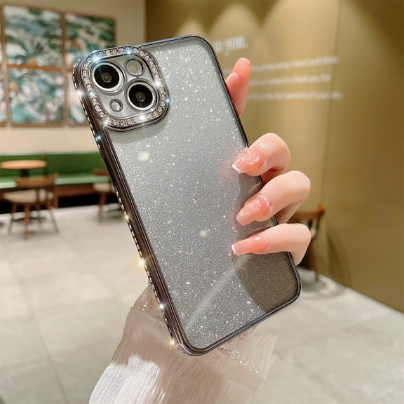 Clear Glitter Case for iPhone 15 Plus, Luxury Bling Sparkly Diamond Rhinestone with Camera Protection Soft TPU Plating Bumper Slim Transparent Women Girls Wireless Charging Case,Black
