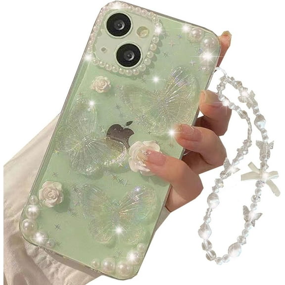 Clear Glitter Case for iPhone 15 Plus/iPhone 14 Plus,Cute 3D Butterfly Flower Pearl Bling Sparkle Shiny with Wrist Strap Soft TPU Aesthetic Women Girls Case for iPhone 15 Plus/14 Plus (Clear)