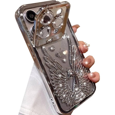 Clear Glitter Case for iPhone 15 Pro Max, Cute 3D Diamond Rhinestone Wings with Bling Sparkly Camera Kickstand Soft TPU Bumper Shockproof Women Girls Case for iPhone 15 Pro Max 6.7" (Silver)