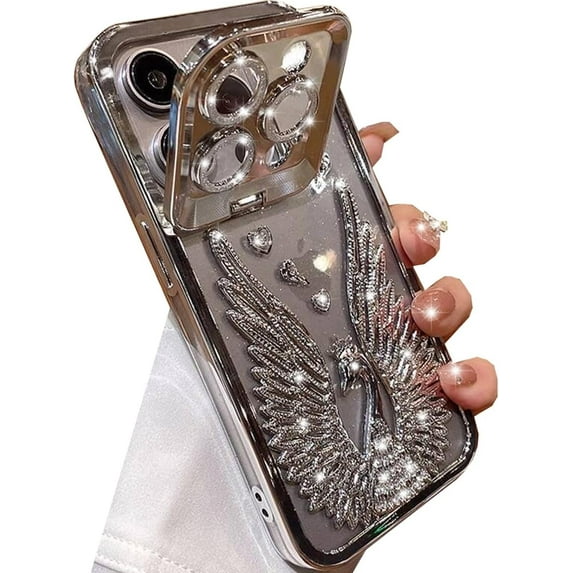 Clear Glitter Case for iPhone 15 Pro Max, Cute 3D Diamond Rhinestone Wings with Bling Sparkly Camera Kickstand Soft TPU Bumper Shockproof Women Girls Case for iPhone 15 Pro Max 6.7" (Silver)