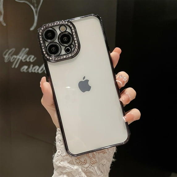 Clear Glitter Case for iPhone 16 Plus, Cute Luxury Bling Sparkly Diamond Rhinestones with Camera Protector Soft TPU Plating Bumper Slim Transparent Women Girls Case for iPhone 16 Plus,Black