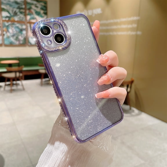 Clear Glitter Case for iPhone 16 Plus, Luxury Bling Sparkly Diamond Rhinestone with Camera Protection Soft TPU Plating Bumper Slim Transparent Women Girls Wireless Charging Case,Purple