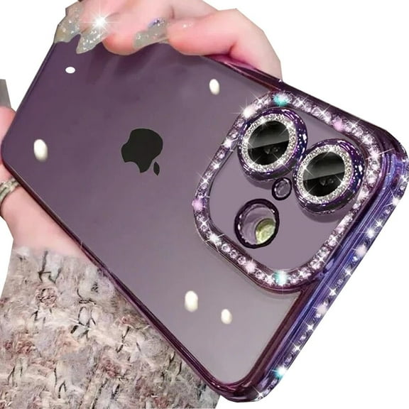 Clear Glitter Case for iPhone 17,Cute Luxury Bling Sparkly Diamond Rhinestones with Camera Lens Protector Soft TPU Plating Bumper Slim Transparent Women Girls Case for iPhone 17 6.3" (Purple)