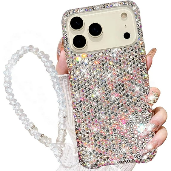 Clear Glitter Case for iPhone 17 Pro Max,Bling Sparkly Crystal Rhinestone Cute Shockproof Diamond for Girls Women Case with Wrist Strap Bracelet Cover 6.9'', Clear