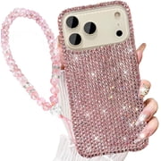 Clear Glitter Case for iPhone 17 Pro Max,Bling Sparkly Crystal Rhinestone Cute Shockproof Diamond for Girls Women Case with Wrist Strap Bracelet Cover 6.9, Pink