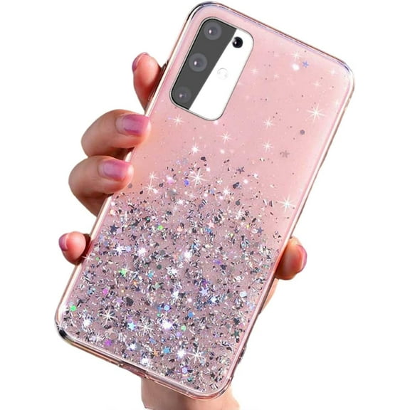 Clear Glitter Silicone Phone Case for Samsung Galaxy S21 S20 Ultra Plus FE S10 S9 Lite, Stylish Bumper Back Cover with Precise Holes(Pink,S20)