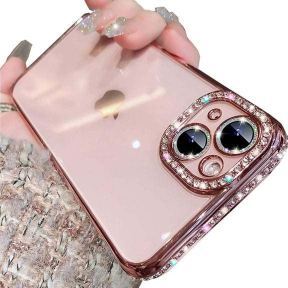 Clear Glitter for iPhone 15 Case, Luxury Bling Sparkly Diamond Rhinestone with Camera Protector Cute Soft TPU Plating Bumper Slim Transparent Women Girls Case for iPhone 15 6.1 Inch (Pink)