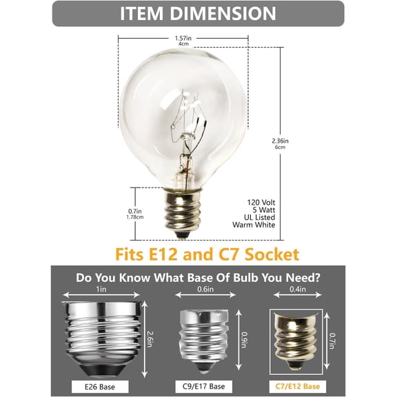 Clear Globe G40 Bulbs Replacement Screw Base Light Bulbs 1.5-Inch, 5 Watt - Fits E12 and C7 Sockets, 25 Pack