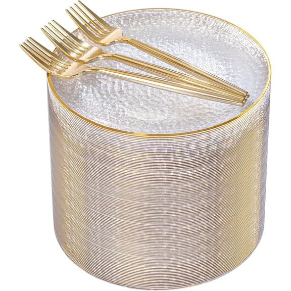 Clear Gold 6 Inch Hammered Disposable Dessert Plates with Forks