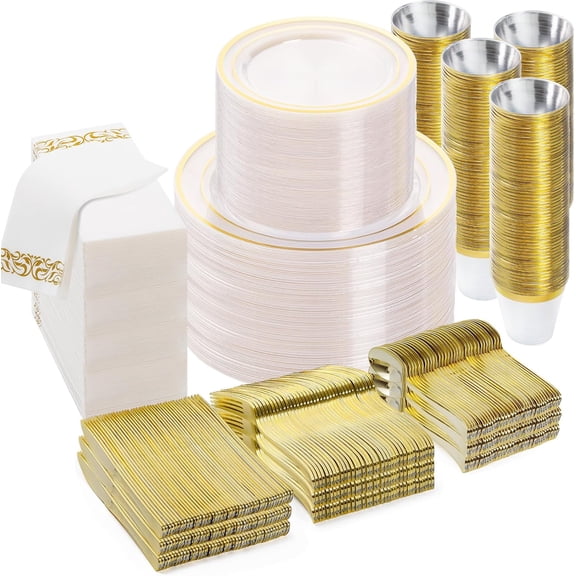 Clear Gold Disposable Dinnerware Set for 100 Guests Includes Plates Cups Silverware and Napkins