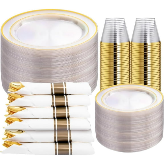 Clear Gold Disposable Dinnerware Set for 50 Guests 350 Pieces Including Plates Cups Napkins and Silverware