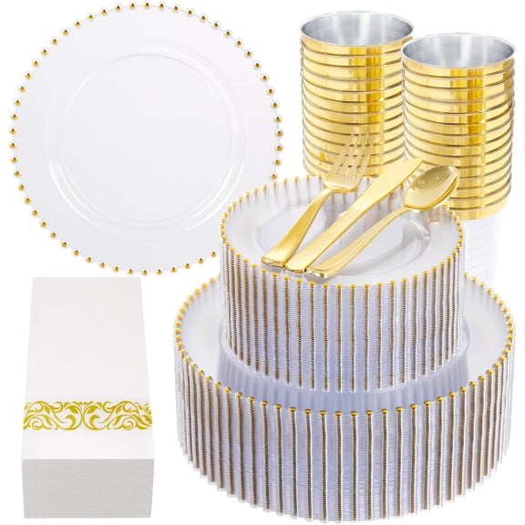 Clear Gold Disposable Dinnerware Set for 50 Guests Including Plates Cups Silverware and Napkins