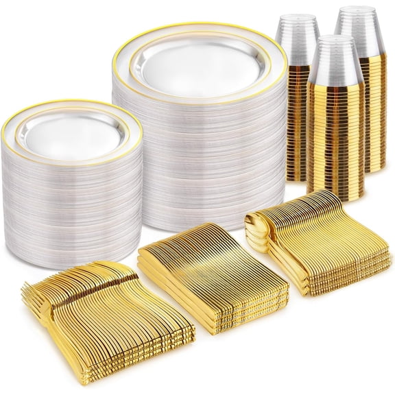 Clear Gold Disposable Dinnerware Set with Gold Trim 600 Pieces Including Dinner and Dessert Plates Knives Forks Spoons and Cups