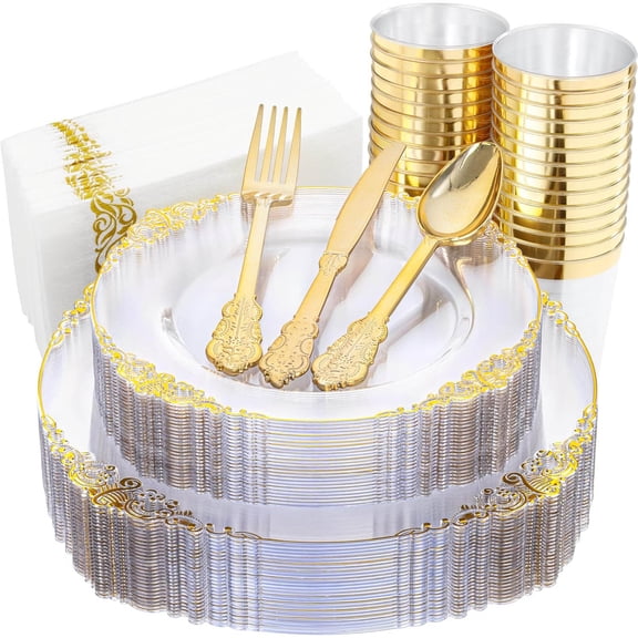 Clear Gold Plastic Plates - Disposable Dinnerware Set for Guests Include Plates, Silverware, Cups, Napkins for Wedding & Party & Thanksgiving