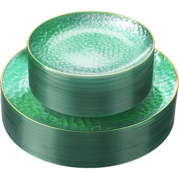 Clear Green Hammered Texture Disposable Plastic Plates with Gold Rim 50 Dinner + 50 Dessert (100 Count)