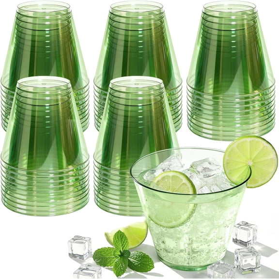 Clear Green Plastic Cups – Disposable Cocktail/Stemless Wine Glasses for Parties, Weddings, Graduations, Birthdays, World Cup