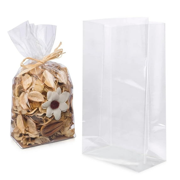 Clear Gusseted Bags, 5 x 3 x 15 Inch. Pack of 100 Gusseted Plastic Bags 1 Mil Thick for Favors with Open Top. Clear Plastic Bags for Packaging Cookies, Popcorn, Candies, Homemade Bread