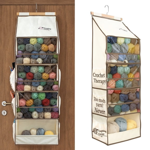 Clear Hanging Yarn Storage with 4 Pockets - Mesh Knitting Bag, Hanging Yarn Holder with Over-Door Hooks for Knitting & Crochet Supplies, for Crochet Lovers