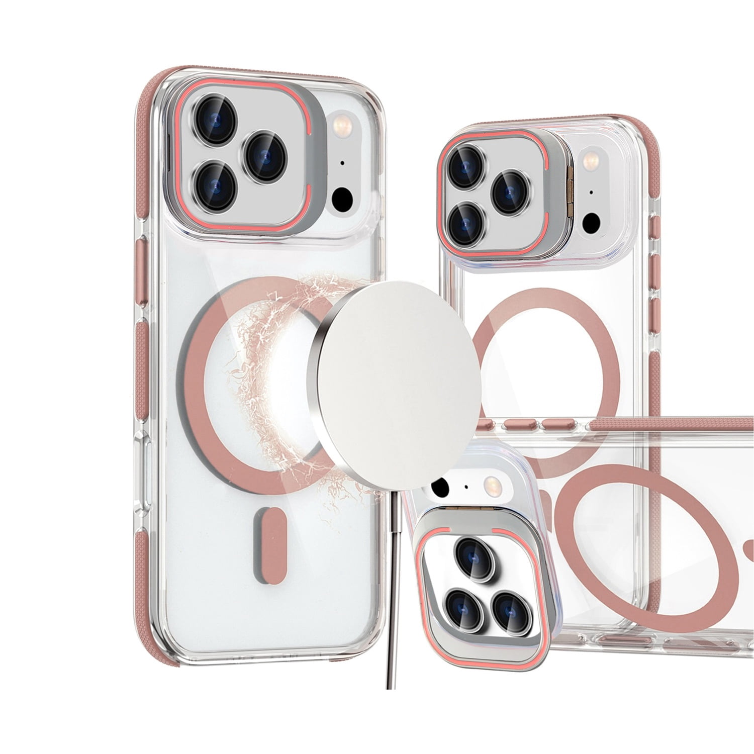 Clear Hard Back Magnetic Case with Camera Kickstand for iPhone 17 Pro Max - Pink