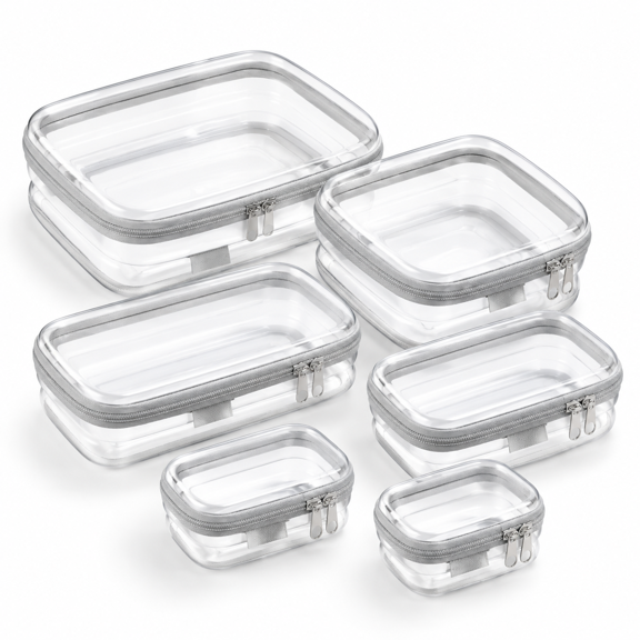 Clear Hard Shell Zipper Cases 6 Multi-size Organizers Grey