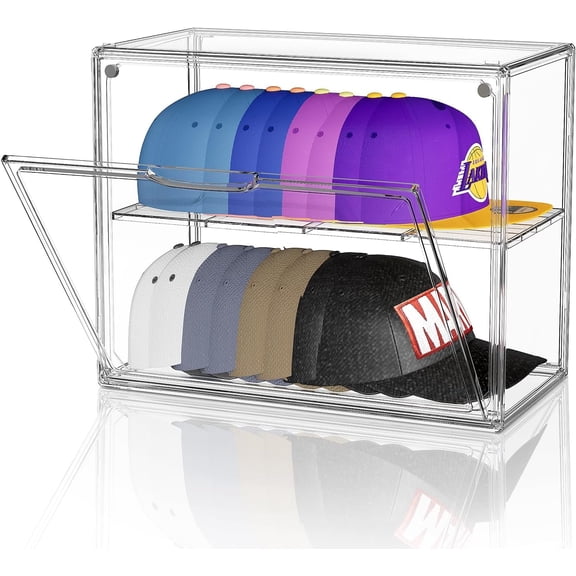 Clear Hat Box Storage, Baseball Cap Organizer for Baseball Caps, Hat Display Case with Removable Compartment, Plastic Stackable Hats Holder Organizer Box with Lid, 1 Pack