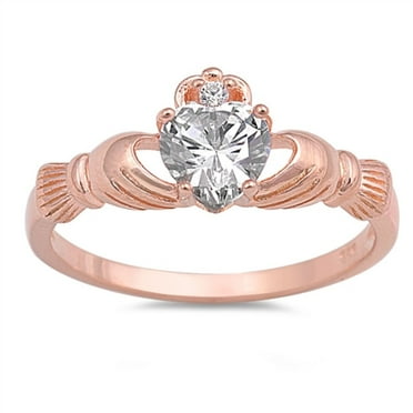 Clear Heart Sheped Cubic Zirconia Claddagh Ring Rose Gold-Tone Plated Sterling Silver 925 Size 10