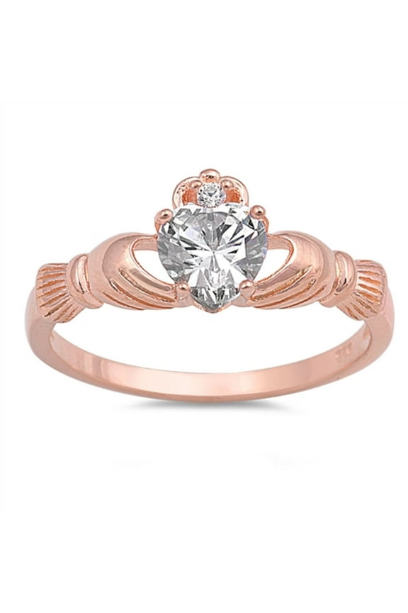 Clear Heart Sheped Cubic Zirconia Claddagh Ring Rose Gold-Tone Plated Sterling Silver 925 Size 8