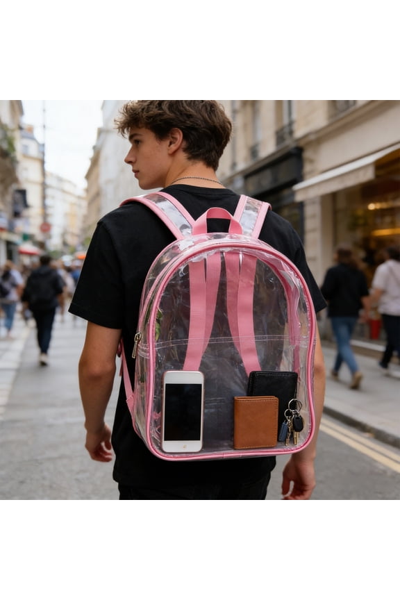 Clear Heavy Duty Backpack for Men Women, Large Capacity Transparent Bookbag with Reinforced Straps, Waterproof Bag for Campus College Travel Security Check, Pink