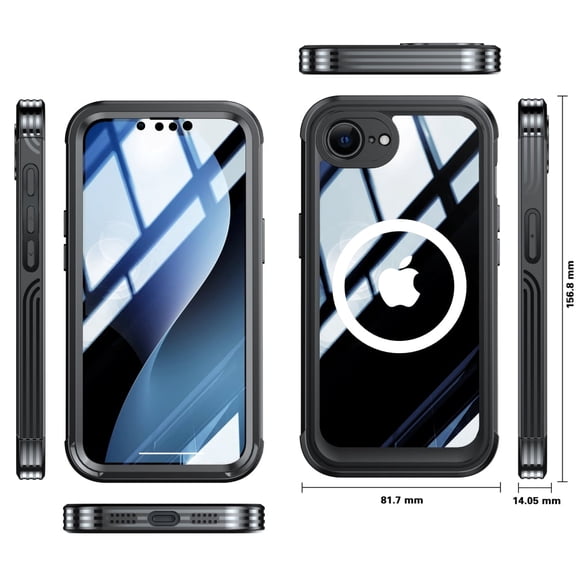 Clear Heavy Duty Case for iPhone 16E / 17E, 360° Full Body Shockproof Cover with Built-in 9H Tempered Glass Screen Protector, Magnetic Design, Dustproof Anti-Scratch,Black