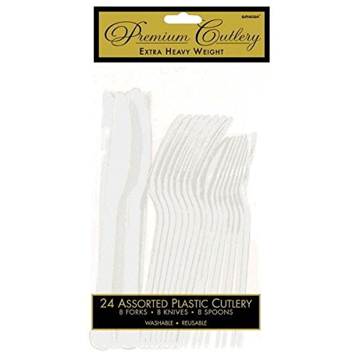 Reusable Assorted Party Cutlery Set Premium Heavy Weight Tableware, Clear Transparent, Plastic, Full size, Pack of 24