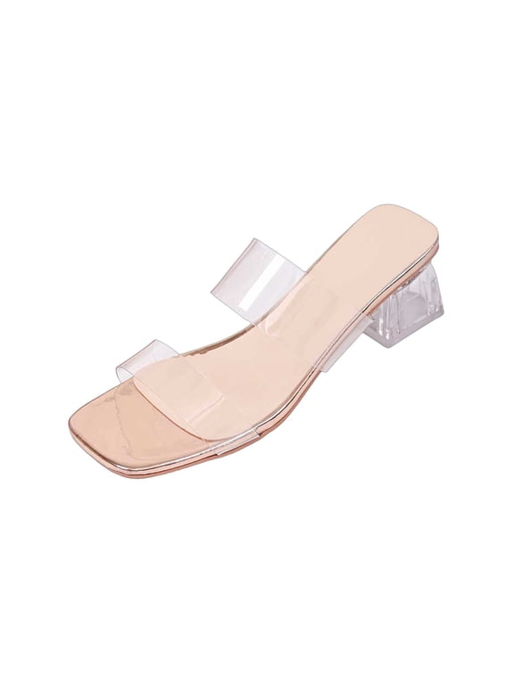 Clear Heels for Women Transparent Two Strap Block Chunky Square Heel Sandals Open Toe Slip on Mules Dressy Summer Wedding Party Beach Shoes Rose Gold 6(37)