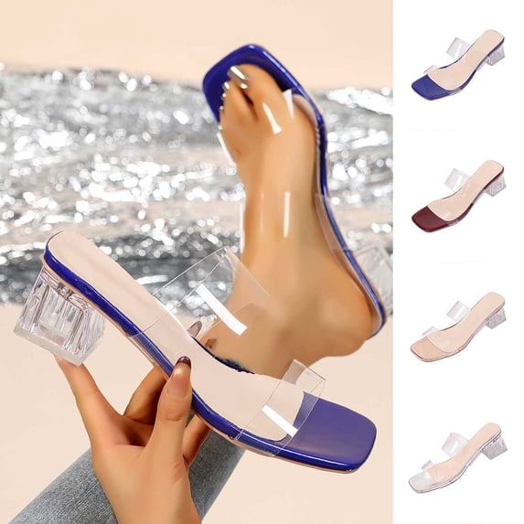 Clear Heels for Women Transparent Two Strap Block Chunky Square Heel Sandals Open Toe Slip on Mules Dressy Summer Wedding Party Beach Shoes Wine 9.5(43)