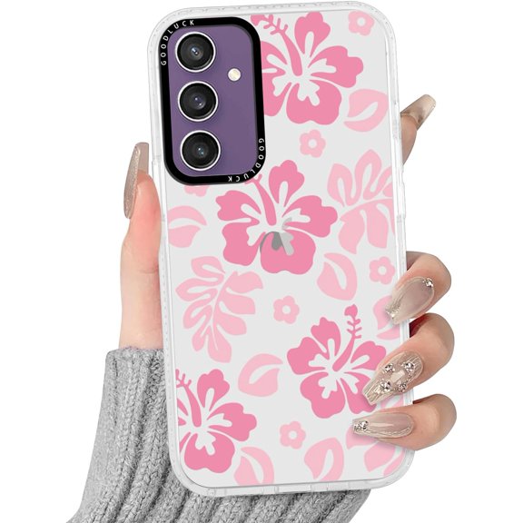 Clear Hibiscus Flower Case for Samsung Galaxy S24 FE 6.7", Cute Preppy Floral Crystal Pattern Aesthetic Design Soft Slim Anti-Yellow Protective Shockproof TPU Phone Cover for Women Girls - Pink