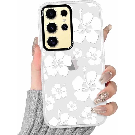 Clear Hibiscus Flower Case for Samsung Galaxy S24 Ultra 5G 6.8", Cute Preppy Floral Crystal Pattern Aesthetic Design Soft Slim Protective Shockproof TPU Phone Cover for Women Girls - White