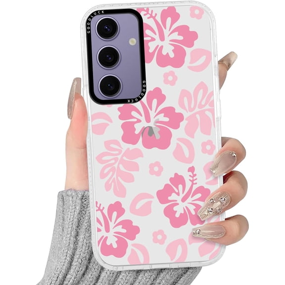 Clear Hibiscus Flower Case for Samsung Galaxy S25 5G 6.2", Cute Preppy Floral Crystal Pattern Aesthetic Design Soft Slim Anti-Yellow Protective Shockproof TPU Phone Cover for Women Girls - Pink