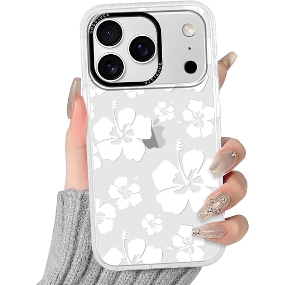 Clear Hibiscus Flower Case for iPhone 17 Pro Max 6.9", Cute Preppy Floral Crystal Pattern Aesthetic Design Soft Slim Anti-Yellow Protective Shockproof TPU Phone Cover for Women Girls - White