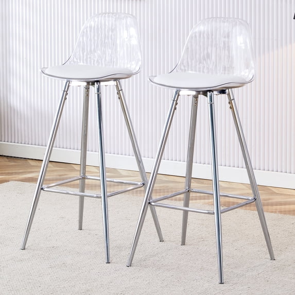 Clear High Bar Stools Set of 2, Modern Acrylic Counter Stools with Back and Footrest, Upholstered Counter Stools with Silver Metal Legs for Dining Room, Kitchen, Sliver