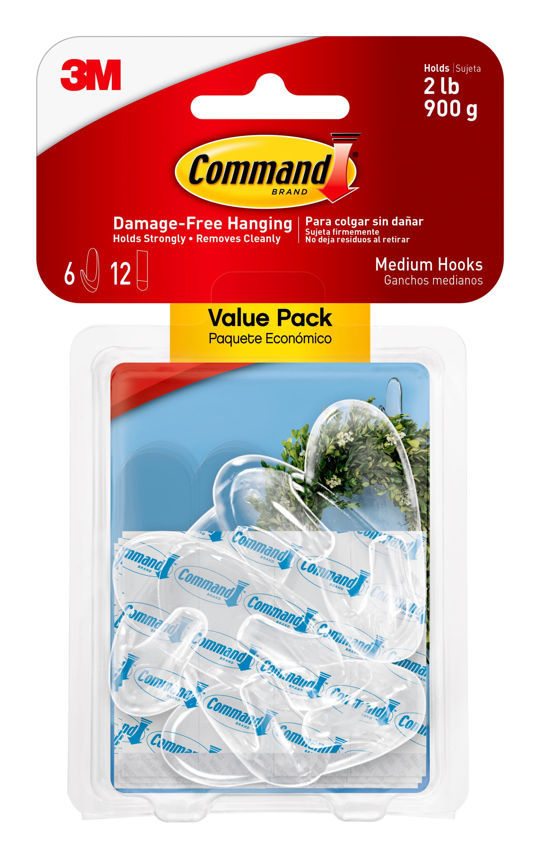 Clear Hooks And Strips, Plastic, Medium, 6 Hooks And 12 Strips/pack | Bundle of 5 Packs