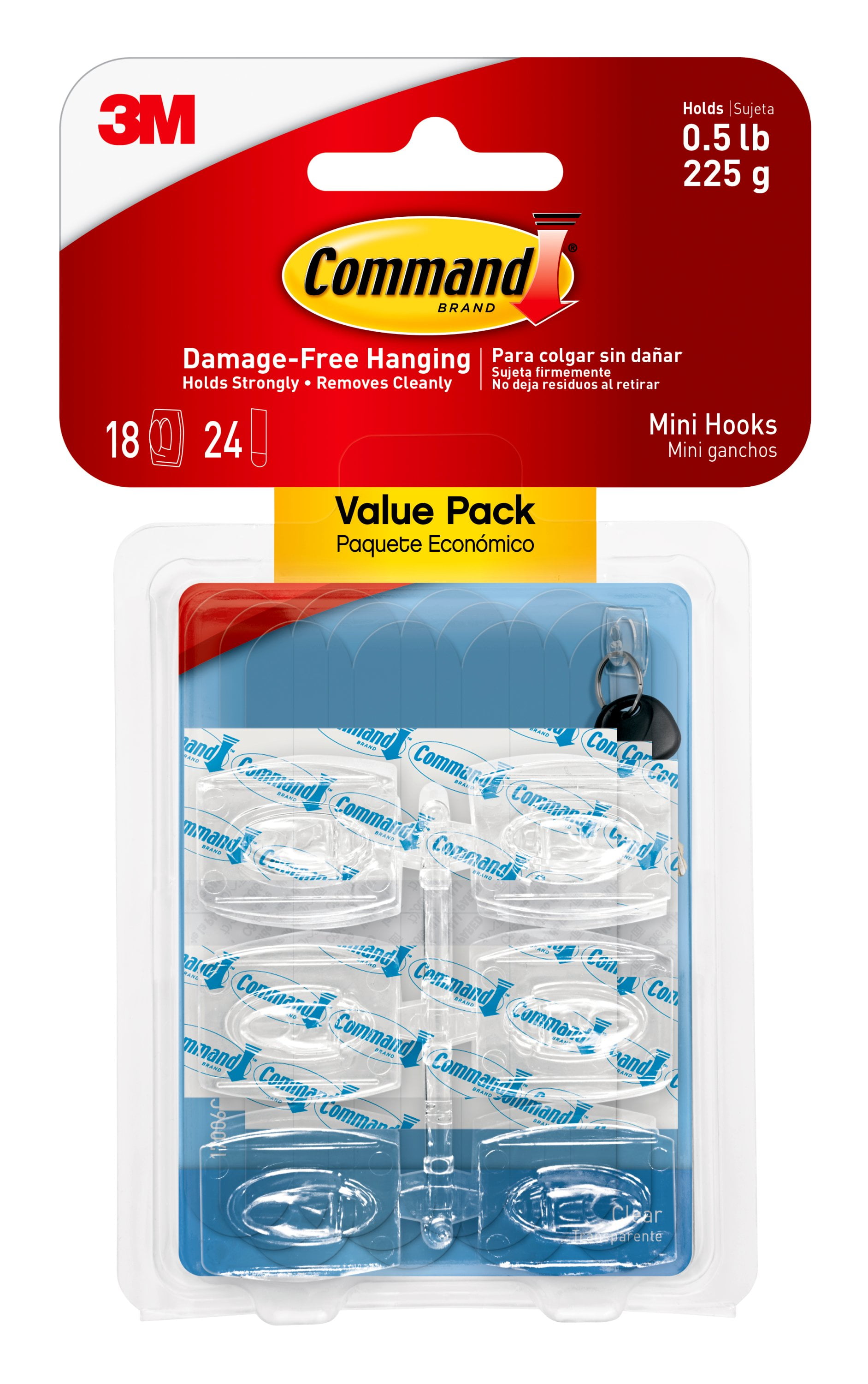 Clear Hooks And Strips, Plastic, Mini, 18 Hooks And 24 Strips/pack | Bundle of 5 Packs