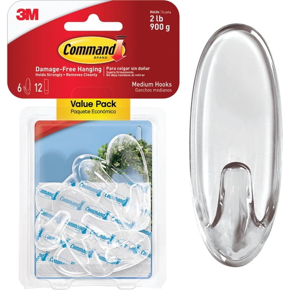 Clear Hooks, Plastic, Medium, 6 Hooks with 12 Adhesive Strips per Pack