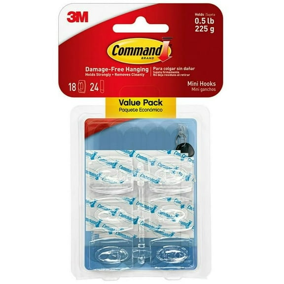Command Mini Clear Plastic Hooks With Adhesive Strips - Removable - 18 Hooks, 24 Strips
