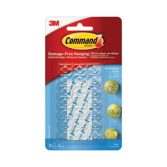 Clear Hooks and Strips, Decorating Clips, Plastic, 0.1 lb Capacity, 20 Clips and 24 Strips/Pack | Bundle of 2 Packs