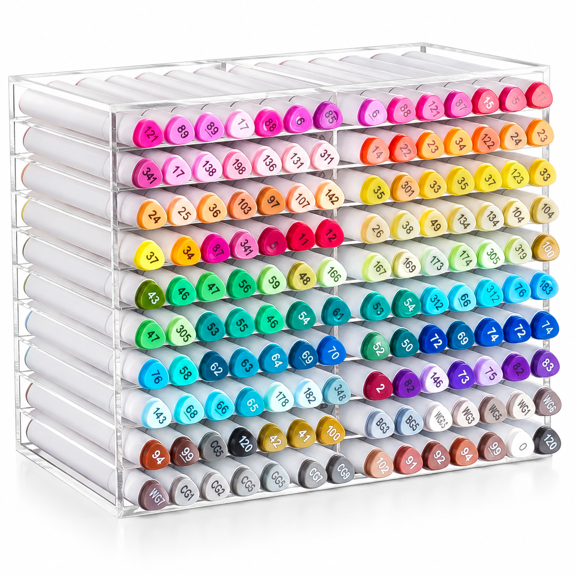 Clear Horizontal Marker Organizer for 140 Markers, Large Desktop Storage Shelf