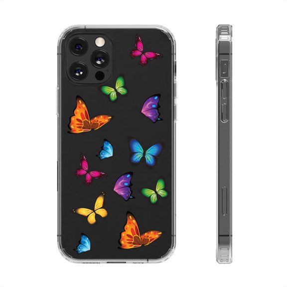 Clear Hybrid Shockproof Case for Apple iPhone 11 PRO - Vibrant Rainbow Butterflies on Black