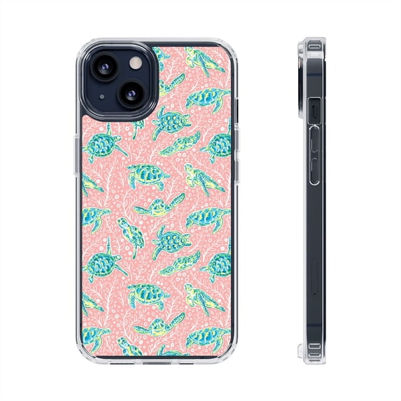 DistinctInk Clear Hybrid Case for Apple iPhone 11 (6.1" Screen) - Turtles on Pink Background - Raised Bezel Screen Guard