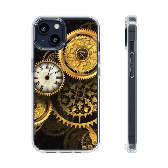 DistinctInk Clear Hybrid Case for Apple iPhone 12 (6.1" Screen) - Clocks Clockwork Gold - Lightweight Grip